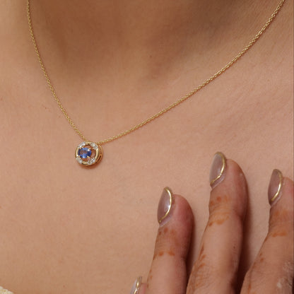 Natural Blue Sapphire Halo Diamond Pendant Necklace