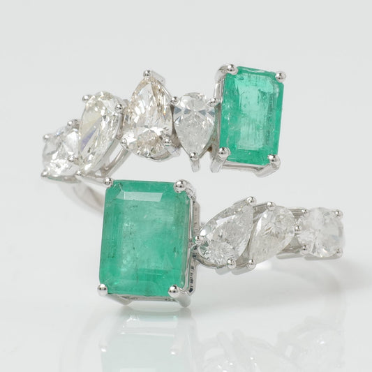 Natural Emerald & Fancy Diamond Bypass Ring