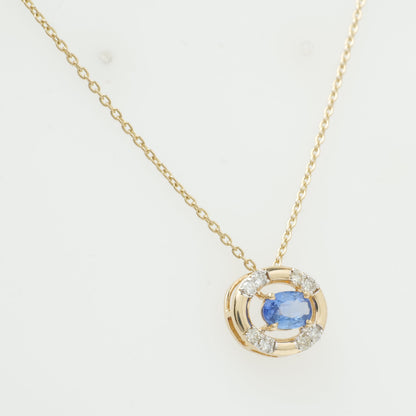 Natural Blue Sapphire Halo Diamond Pendant Necklace
