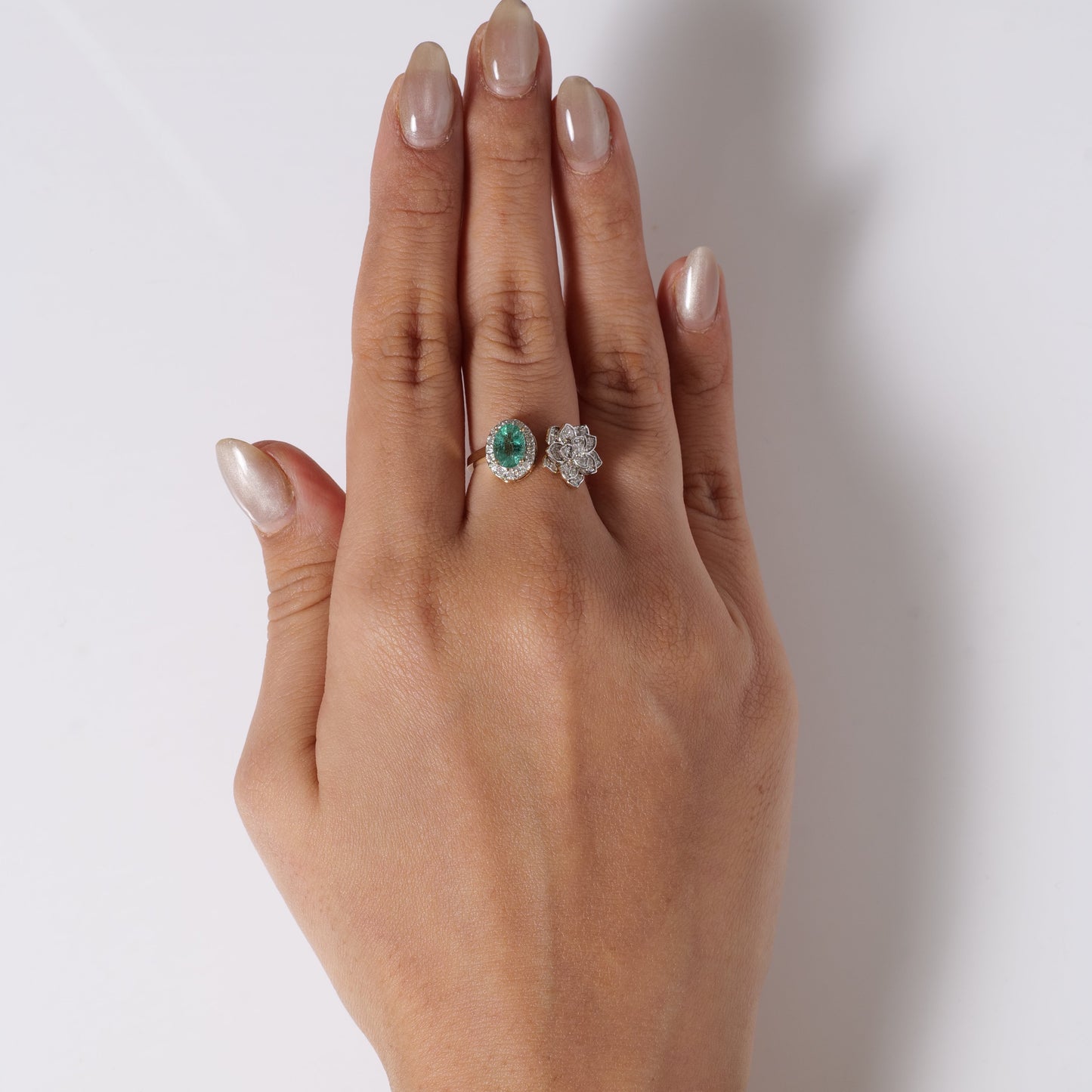 Emerald & Diamond Open Floral Cuff Ring
