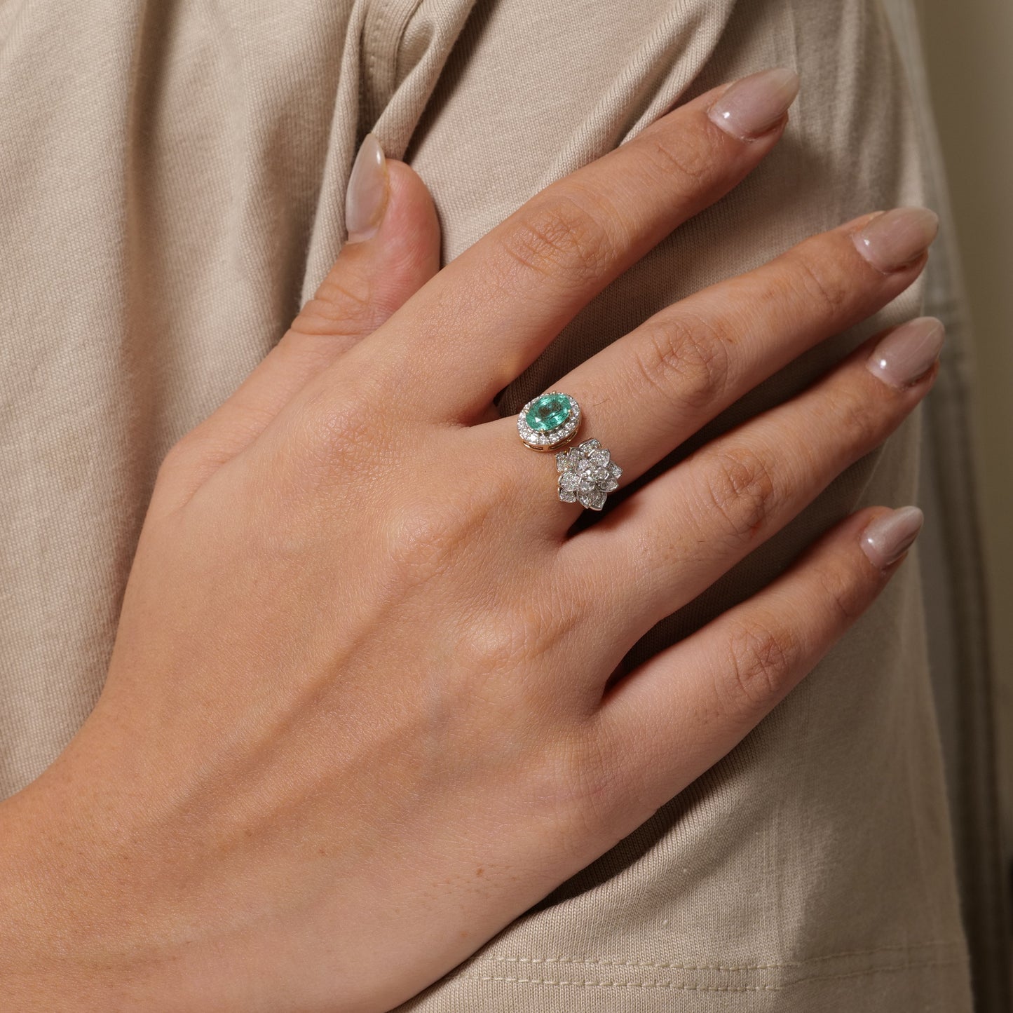 Emerald & Diamond Open Floral Cuff Ring