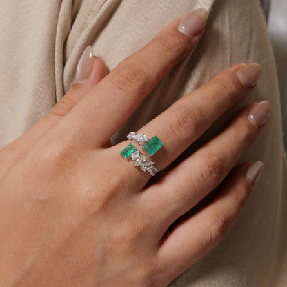 Natural Emerald & Fancy Diamond Bypass Ring