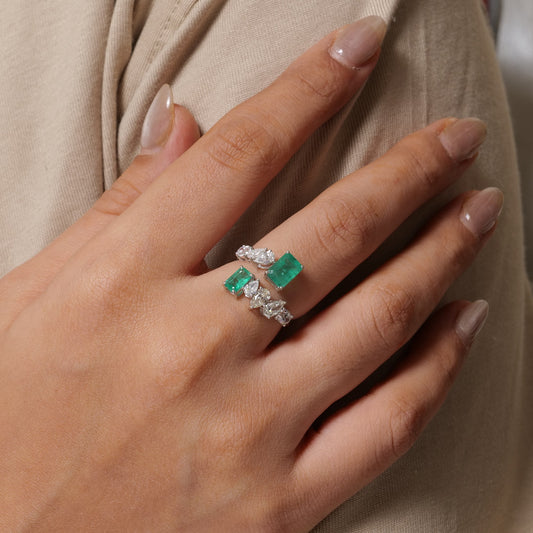 Natural Emerald & Fancy Diamond Bypass Ring