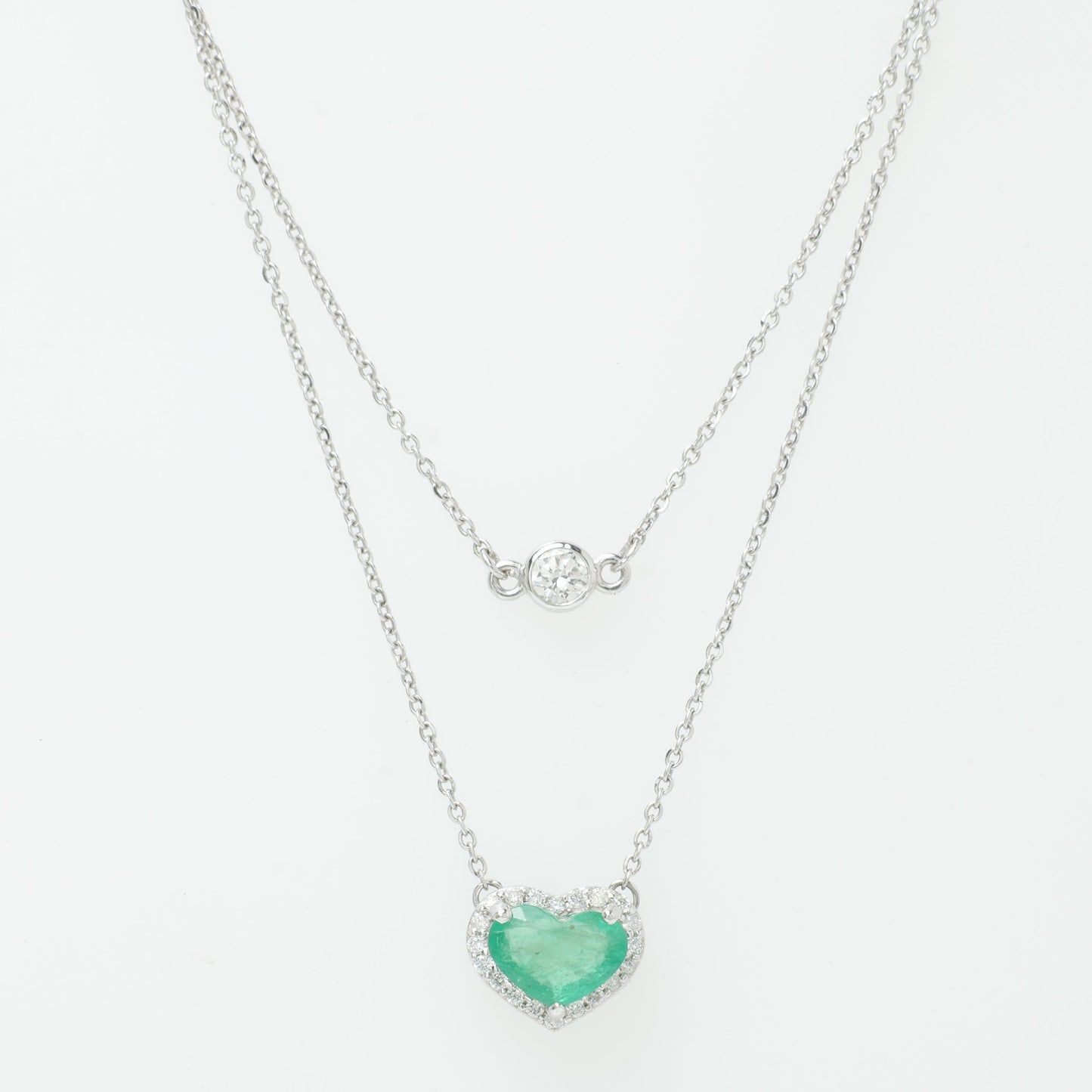 Heart Natural Emerald & Diamond Double Layer Necklace