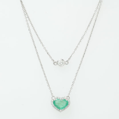 Heart Natural Emerald & Diamond Double Layer Necklace