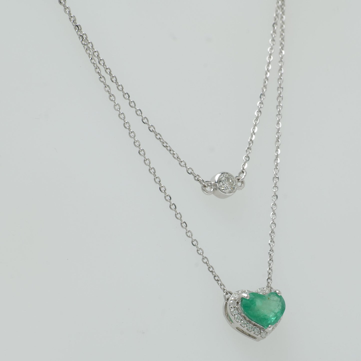 Heart Natural Emerald & Diamond Double Layer Necklace