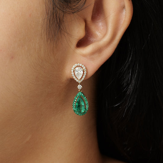 Natural Emerald Diamond Halo Dangle Earrings