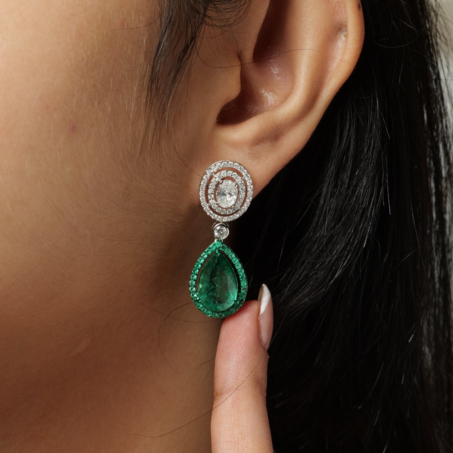 Pear Cut Emerald Diamond Drop Earrings