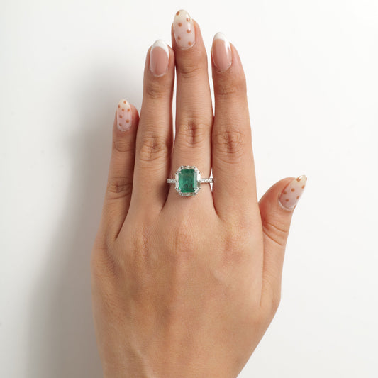 Emerald Baguette Halo Diamond Ring