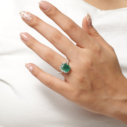 Emerald Baguette Halo Diamond Ring