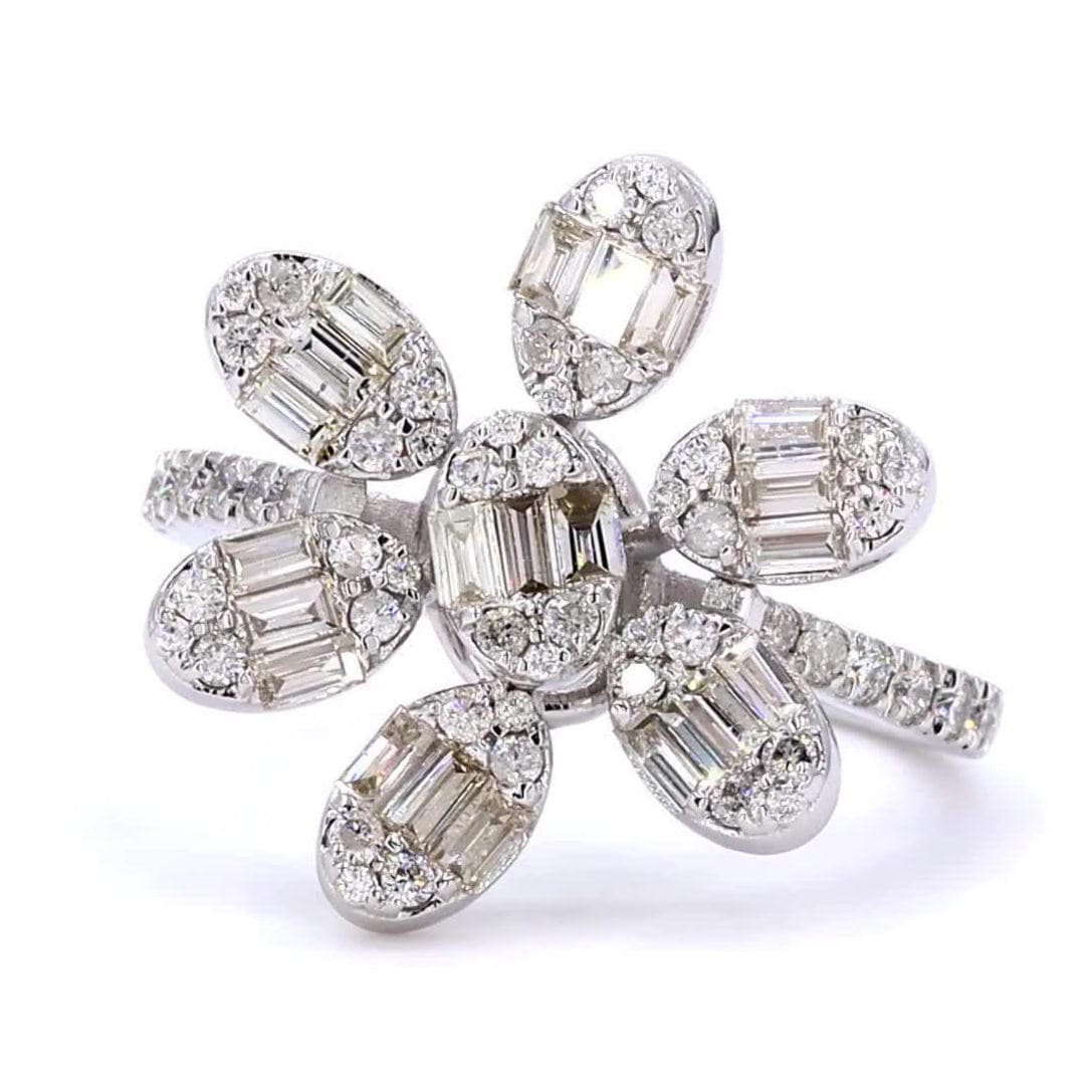 Front view of the floral cluster ring — 14K white gold with baguette and round natural diamonds