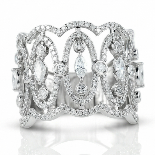 Front view of the wide openwork band — 14K white gold with marquise and round natural diamonds