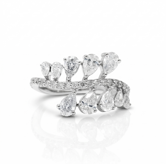 Front view of the leaf cluster ring — 14K white gold with pear-cut natural diamonds