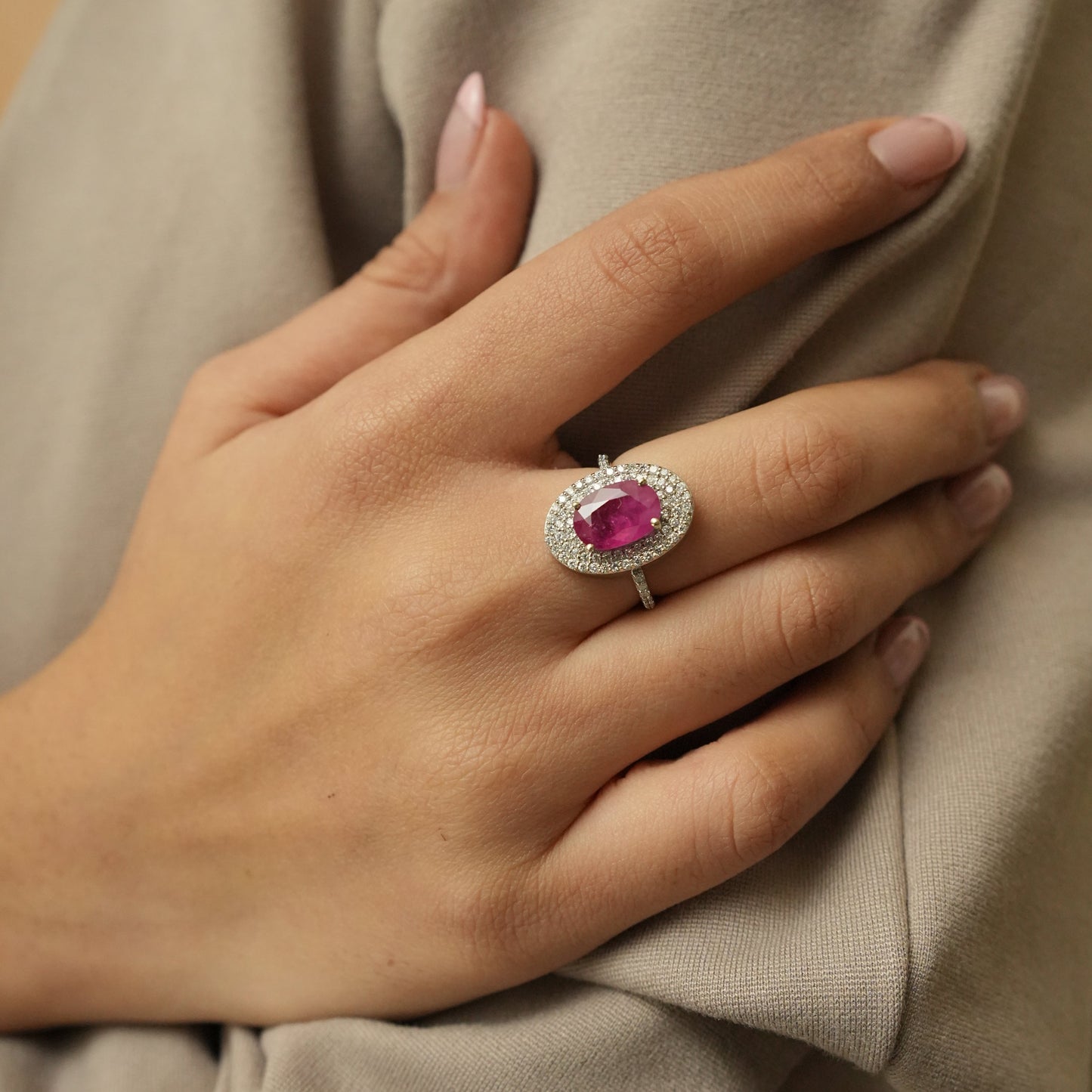 Oval Ruby Halo Diamond Ring