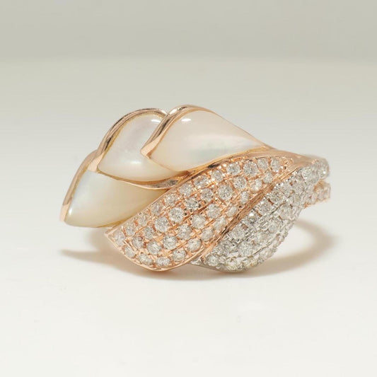 Front view of the mother of pearl leaf ring — 14K yellow gold with pavé natural diamonds