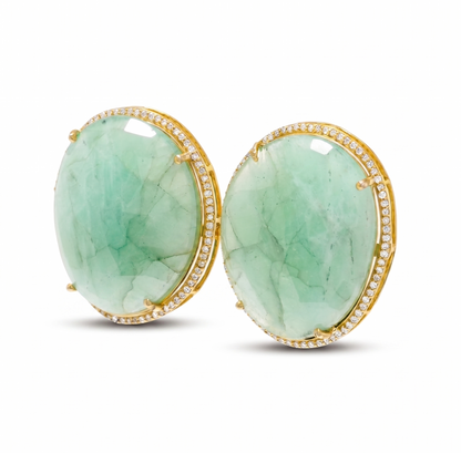 Oval Natural Emerald & Natural Diamond Halo Earrings