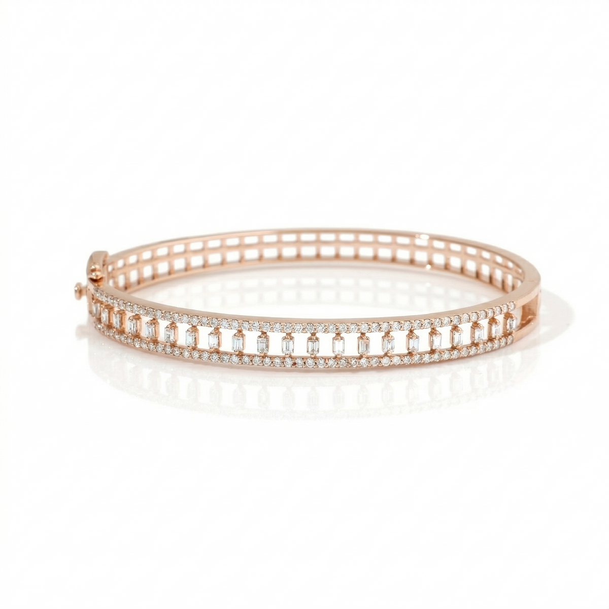 Baguette and Round Natural Diamond Openwork Hinged Cuff Bracelet