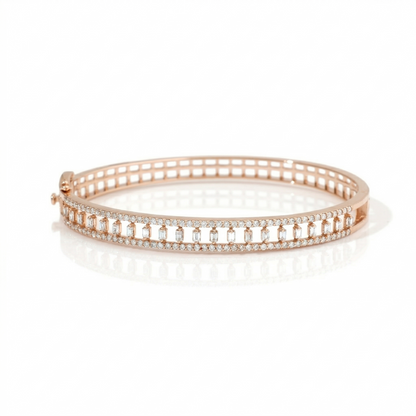 Baguette and Round Natural Diamond Openwork Hinged Cuff Bracelet