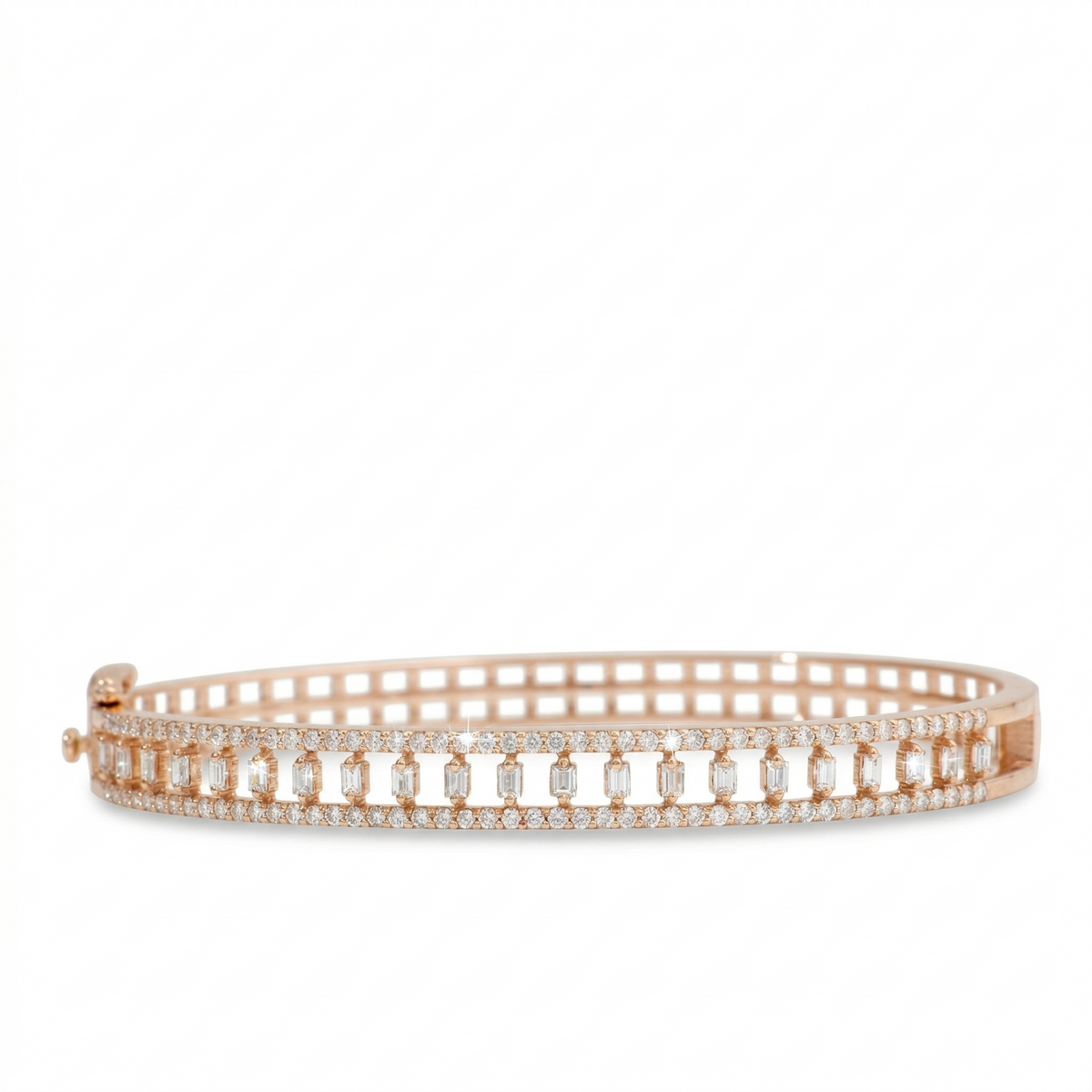 Baguette and Round Natural Diamond Openwork Hinged Cuff Bracelet