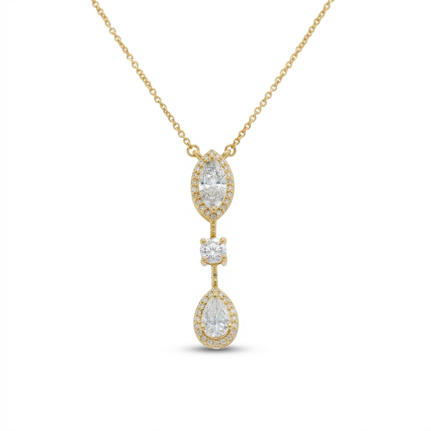 Three Stone Halo Diamond Necklace