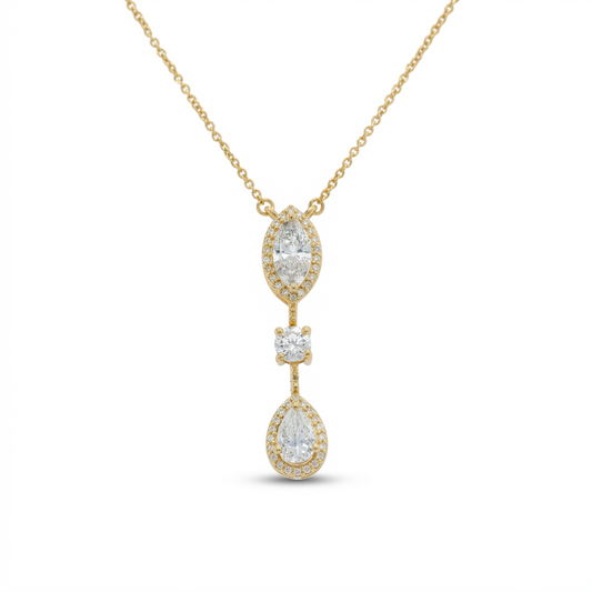 Three Stone Halo Diamond Necklace