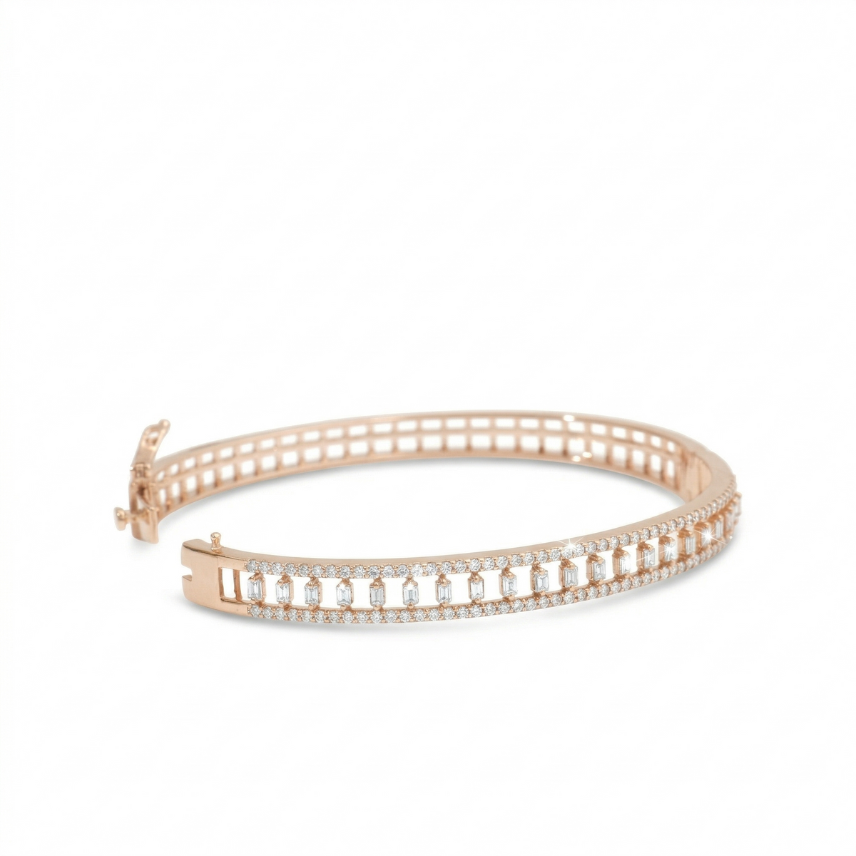 Baguette and Round Natural Diamond Openwork Hinged Cuff Bracelet