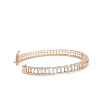 Baguette and Round Natural Diamond Openwork Hinged Cuff Bracelet