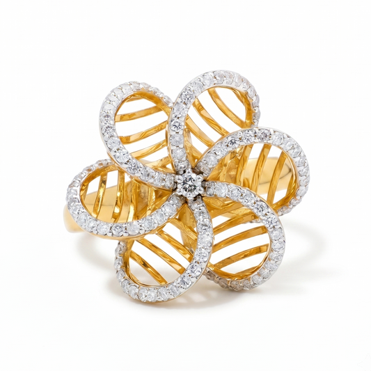 Front view of the diamond flower ring — 14K yellow gold with pavé-set natural diamonds