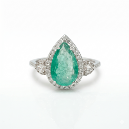 Natural Pear Emerald & Diamond Halo Ring