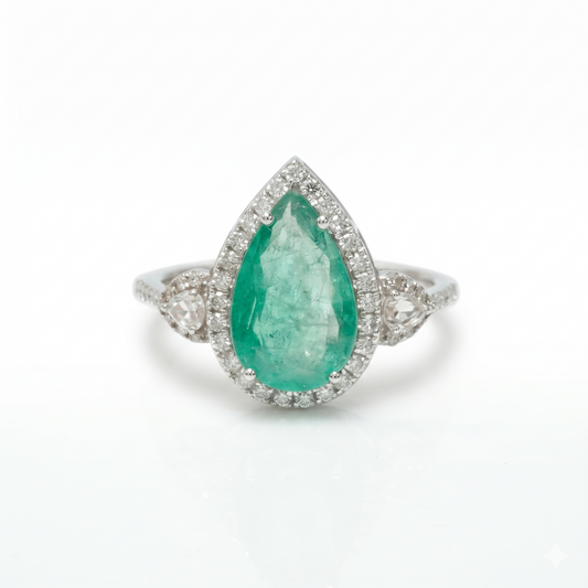 Natural Pear Emerald & Diamond Halo Ring