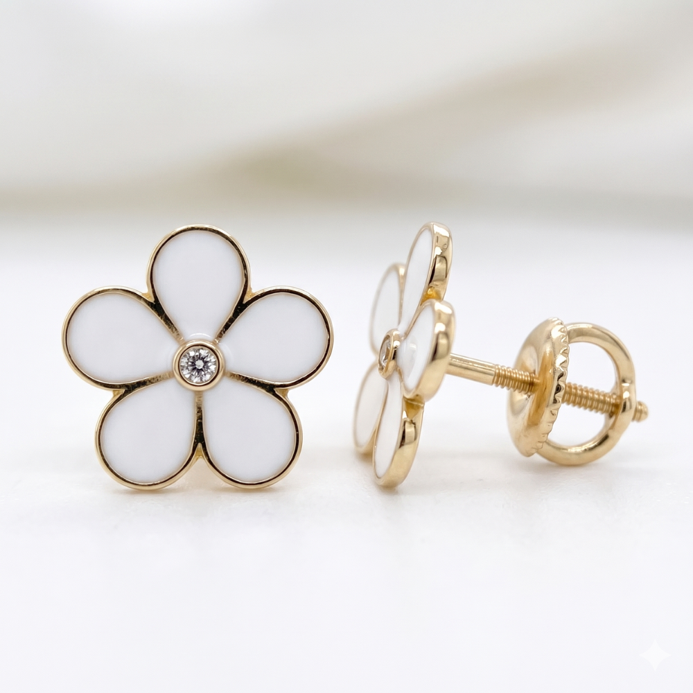 Kids Enameled Flower Diamond Earrings