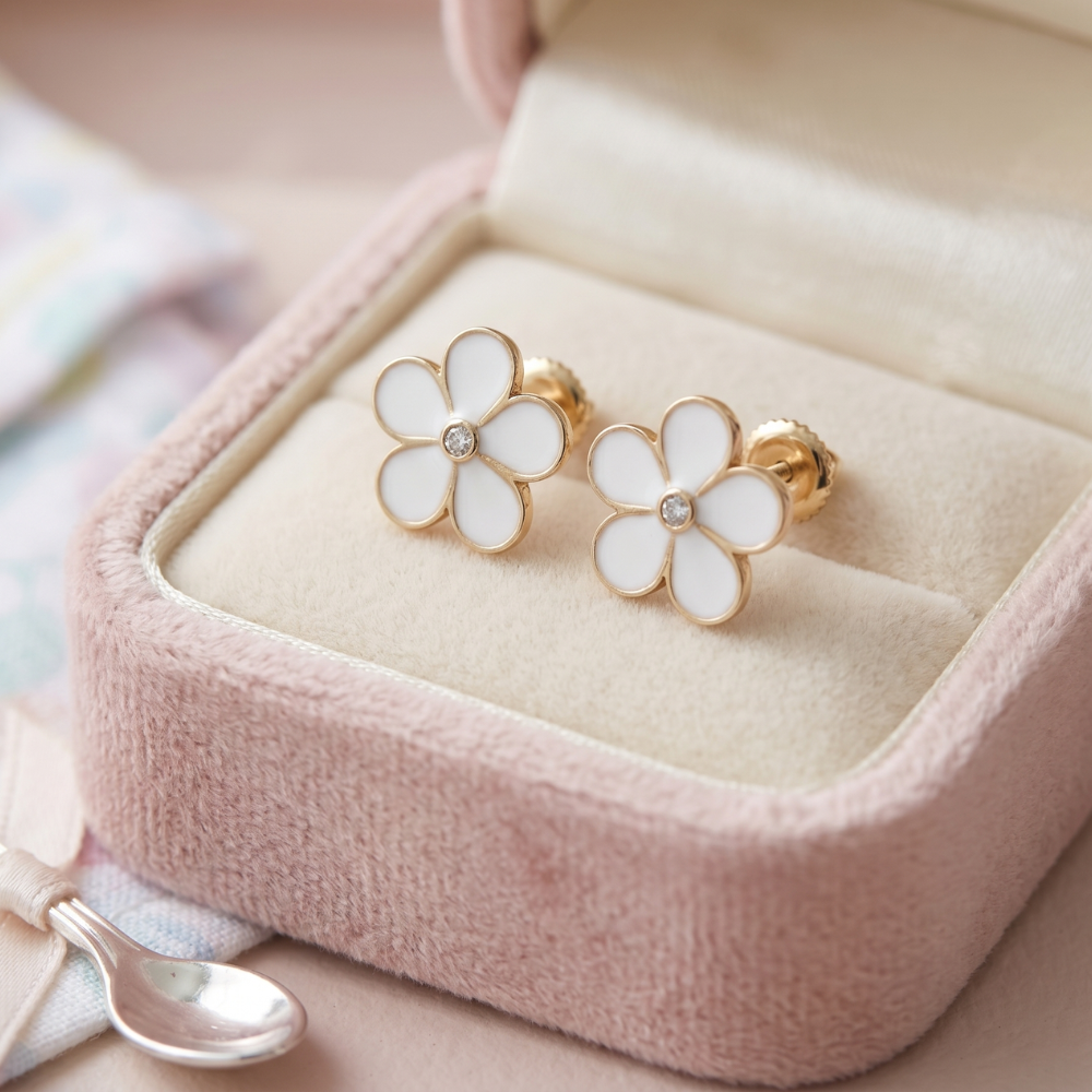 Kids Enameled Flower Diamond Earrings