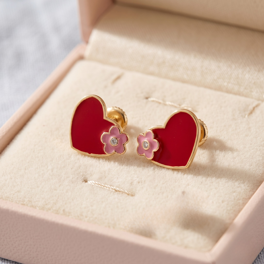 Teenager Floral Heart Diamond Stud Earrings