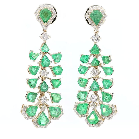 Trilliant emerald and diamond tiered chandelier earrings in 14K yellow gold.