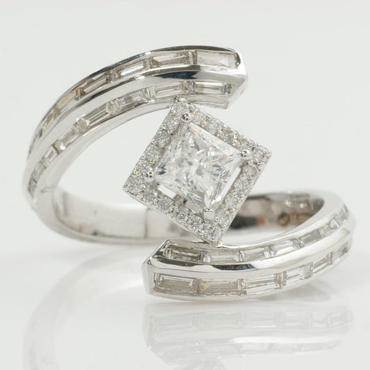 Princess cut natural diamond halo bypass ring in 14K white gold, front view