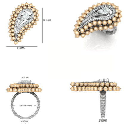CAD dimension drawing of the pear diamond and pearl cluster cocktail ring — 32.7 mm by 24.0 mm cluster with 3 mm pearls