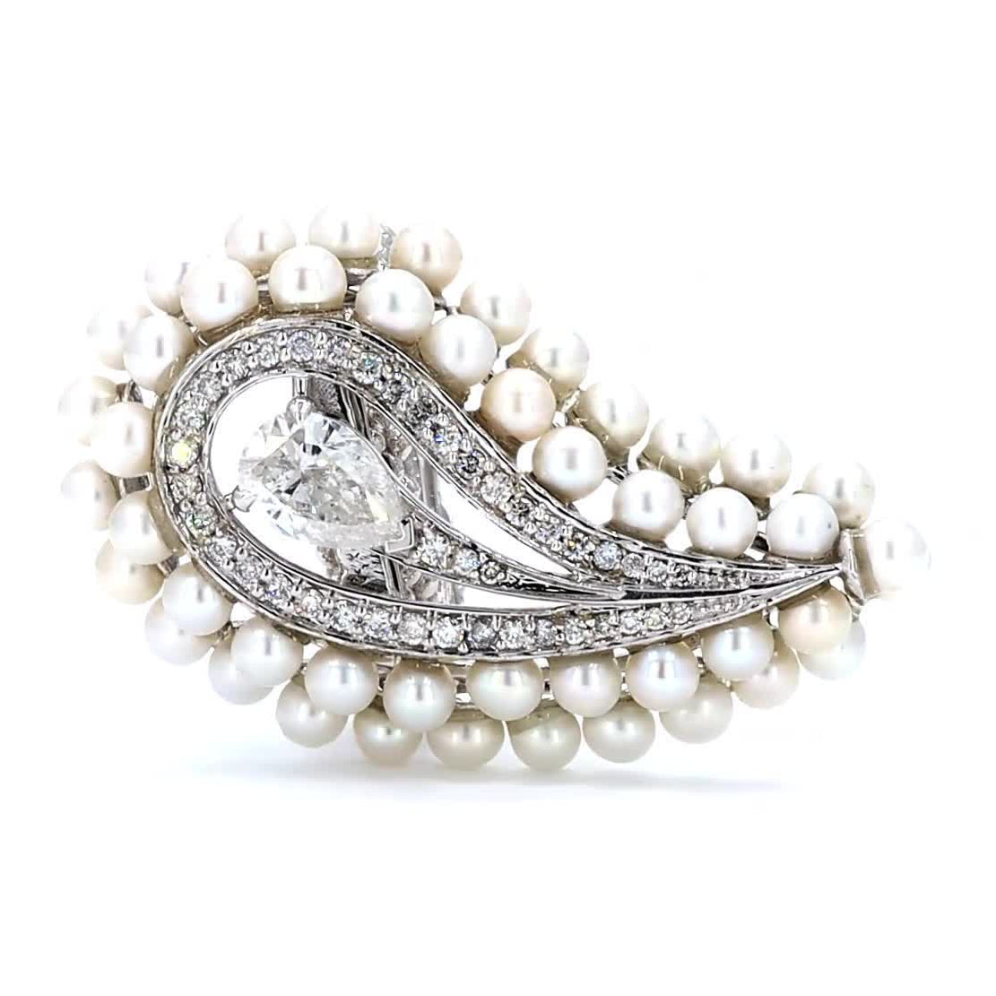 Front view of the pearl cluster cocktail ring — 14K white gold with a pear natural diamond
