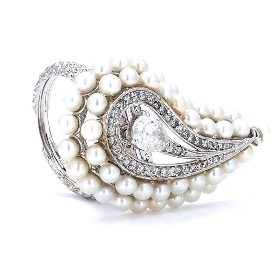 Angled view of the layered pearl cluster — 14K white gold ring with natural diamonds