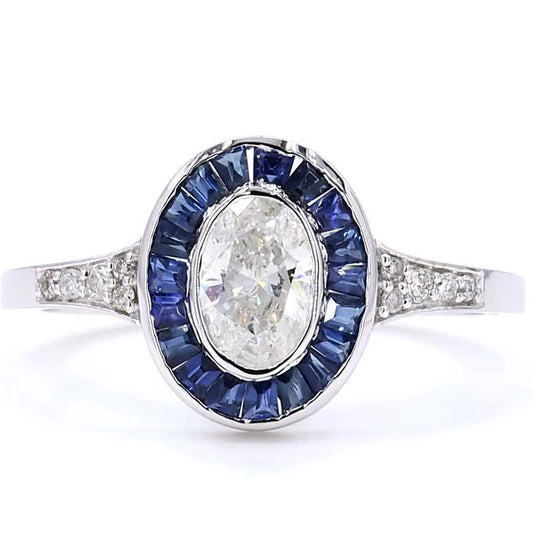 Oval Diamond Halo Ring with Blue Sapphire