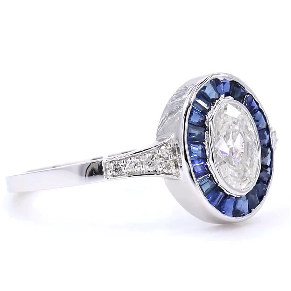 Oval Diamond Halo Ring with Blue Sapphire