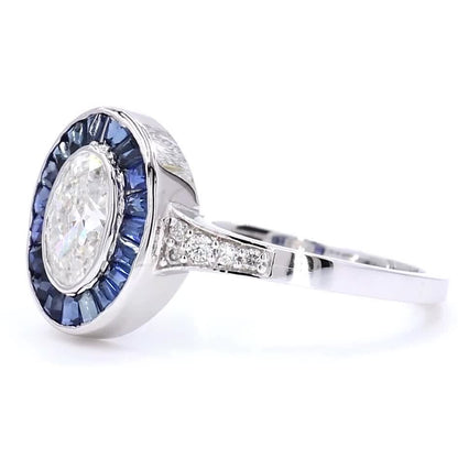 Oval Diamond Halo Ring with Blue Sapphire