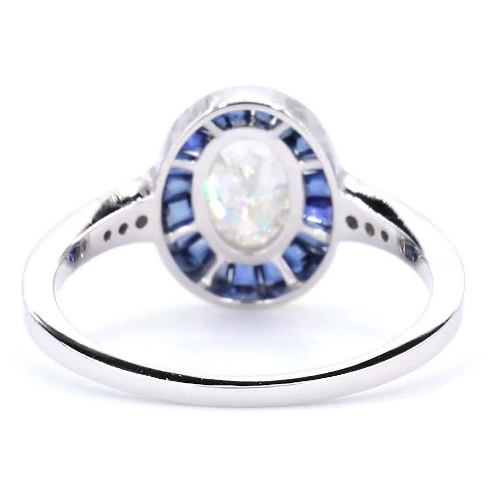 Oval Diamond Halo Ring with Blue Sapphire