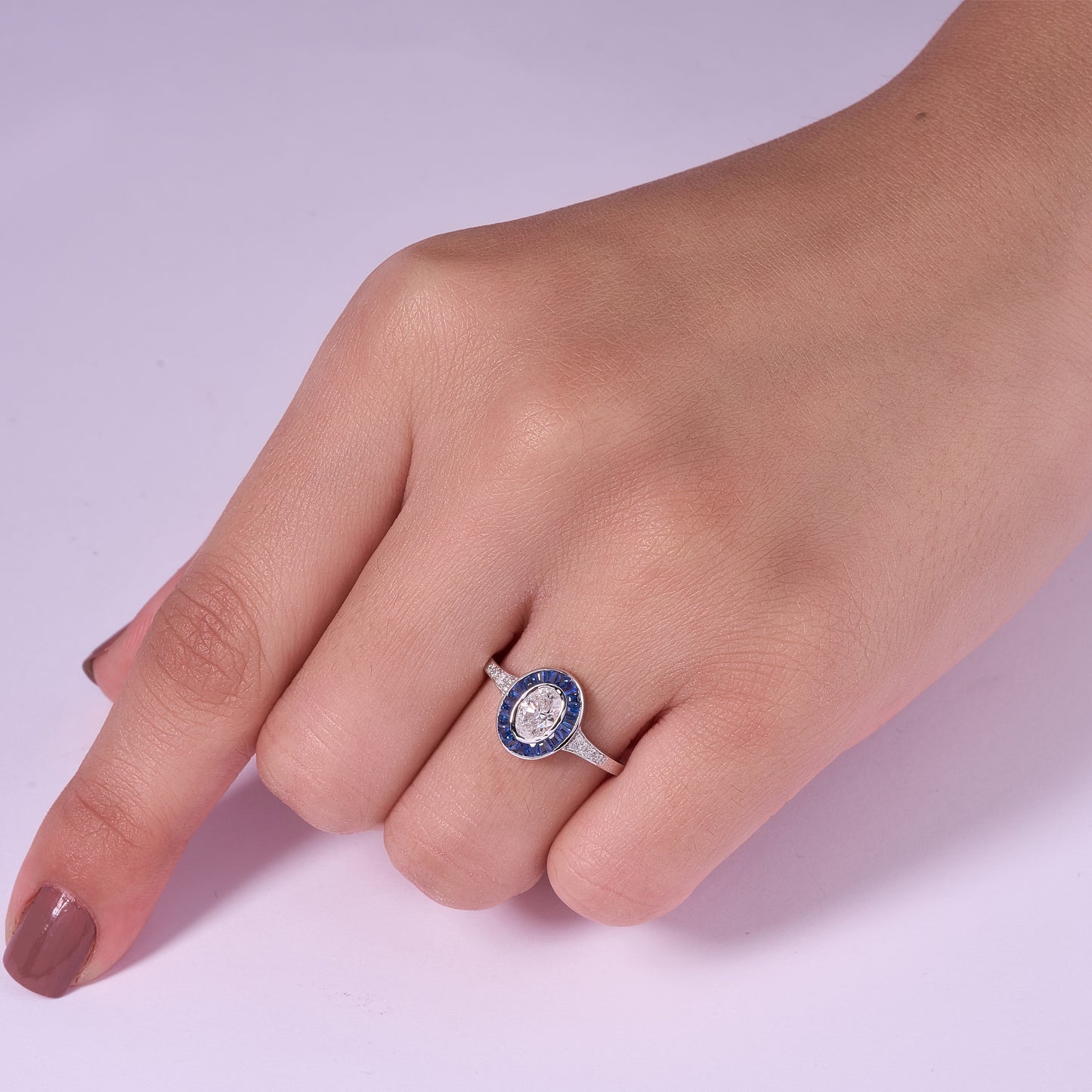 Oval Diamond Halo Ring with Blue Sapphire
