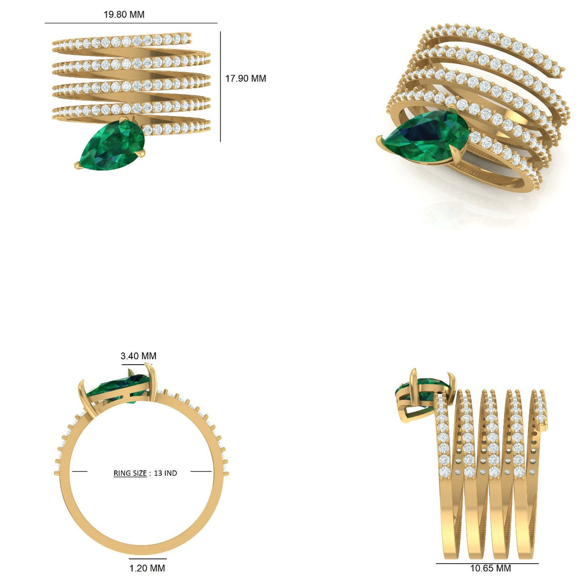 Pear Emerald and Natural Diamond Openwork Multi Row Wide Band