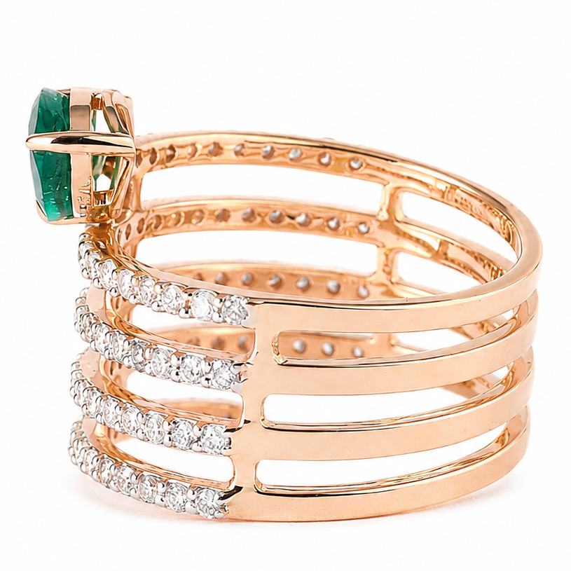 Pear Emerald and Natural Diamond Openwork Multi Row Wide Band
