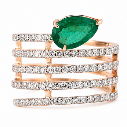 Pear Emerald and Natural Diamond Openwork Multi Row Wide Band