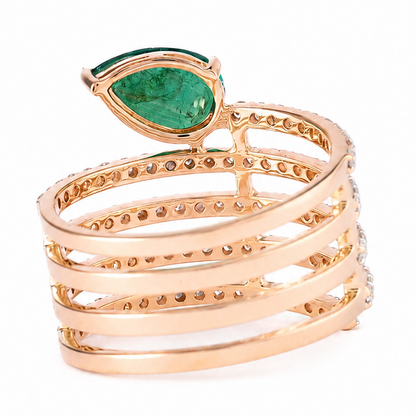 Pear Emerald and Natural Diamond Openwork Multi Row Wide Band