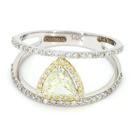 Front view of the trilliant diamond crossover ring — 14K white gold with a pavé halo