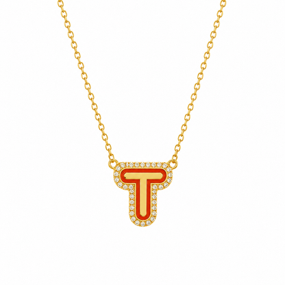 Personalized Initial Halo Diamond Enamel Necklace