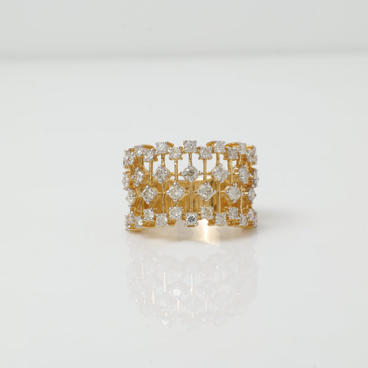 Front view of the caged wide band — 14K yellow gold ring with natural diamonds
